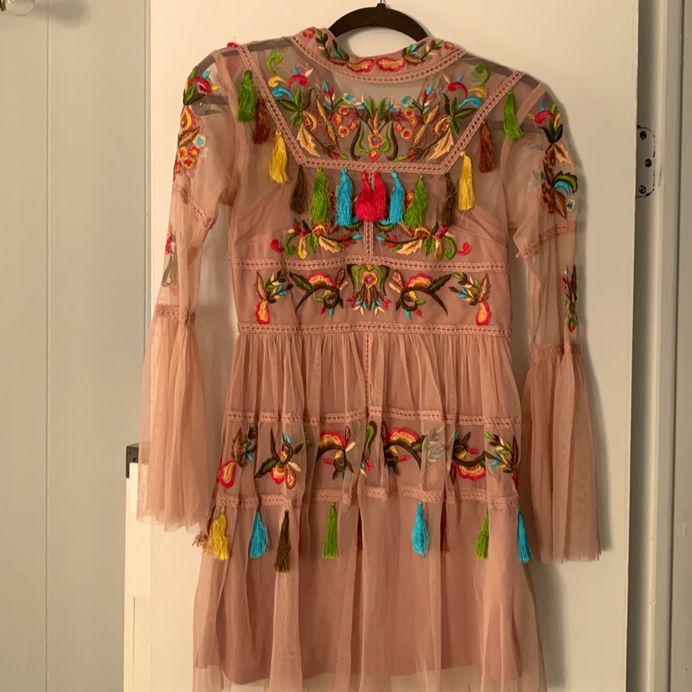 HAND EMBROIDERED tulle overlay long sleeve mini dress